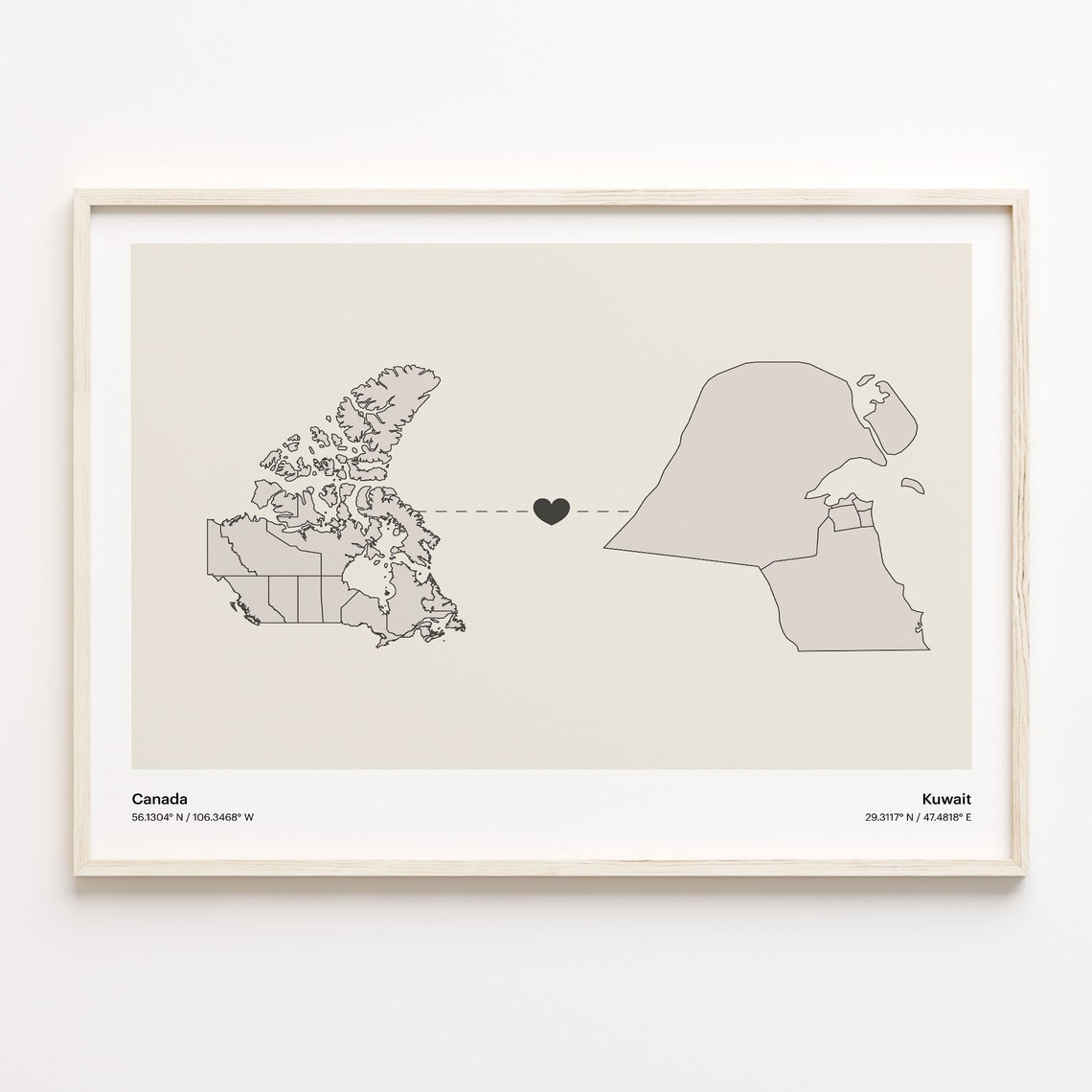 Canada Kuwait Country Connection Heart Map Minimalist Art Poster