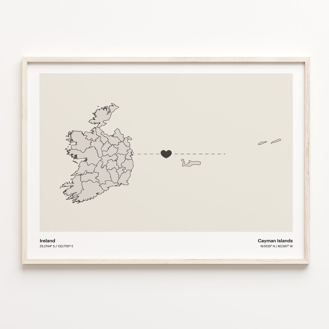 Ireland To Cayman Islands Heart Connection Minimalist Map Poster