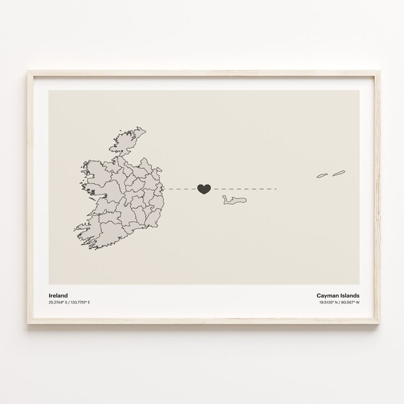 Ireland To Cayman Islands Heart Connection Minimalist Map Poster
