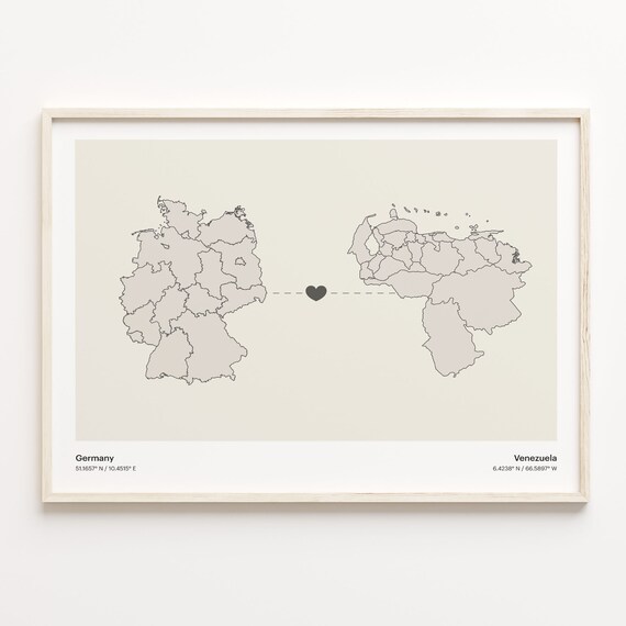 Germany To Venezuela Soft Beige Heart Connection Minimalist Map Poster