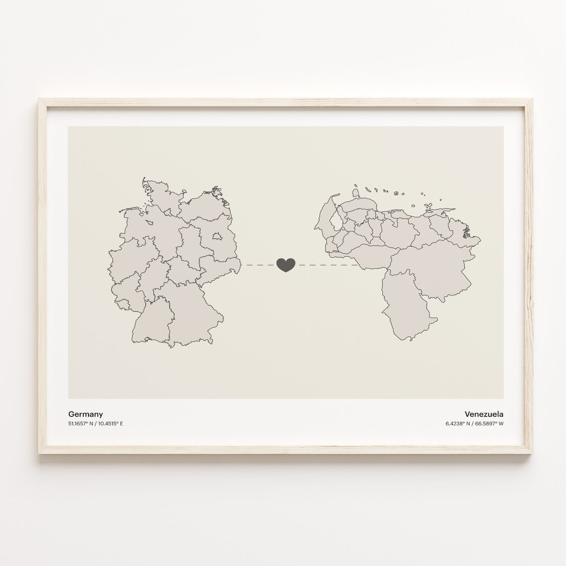 Germany To Venezuela Soft Beige Heart Connection Minimalist Map Poster
