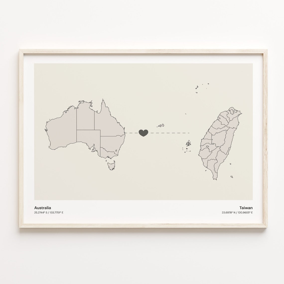 Australia to Taiwan Minimalist Heart Couple Connection Map Poster
