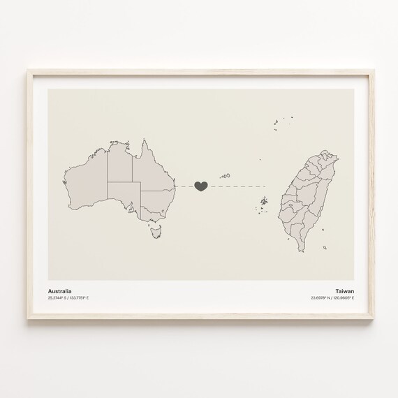 Australia to Taiwan Minimalist Heart Couple Connection Map Poster