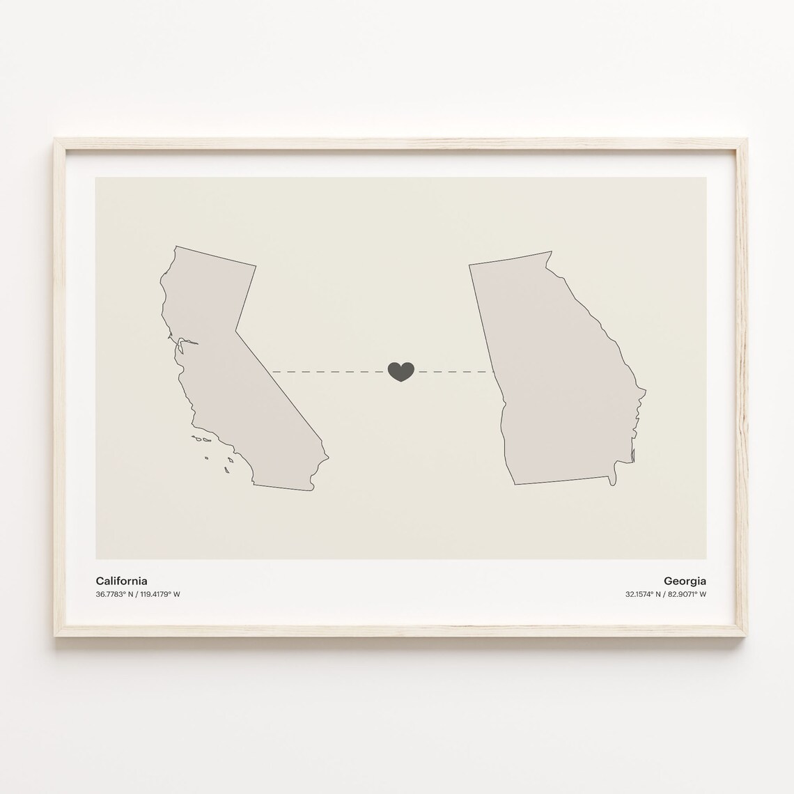 California Georgia Minimalist Long Distance Heart Map Poster