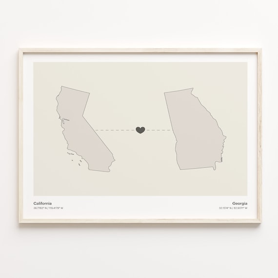 California Georgia Minimalist Long Distance Heart Map Poster