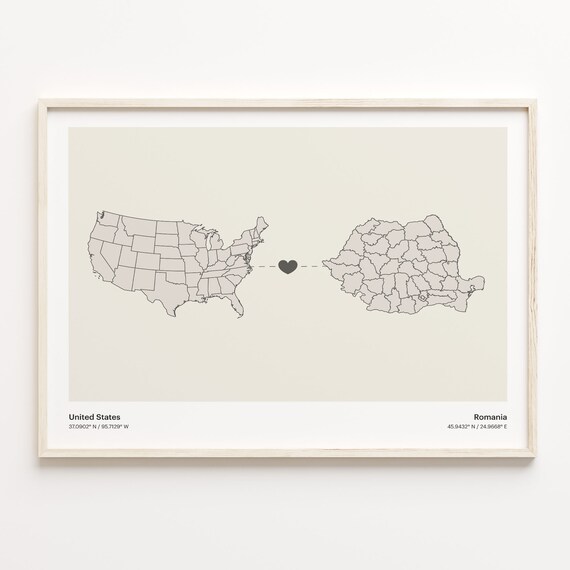 United States To Romania Heart Connection Minimalist Beige Map Poster