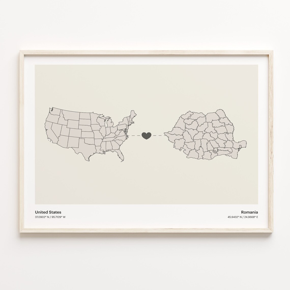 United States To Romania Heart Connection Minimalist Beige Map Poster