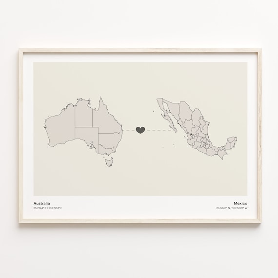 Australia To Mexico Heart Map Minimalist Country Connection Poster