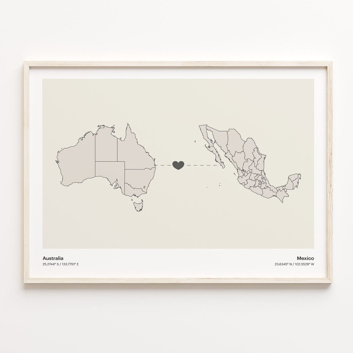 Australia To Mexico Heart Map Minimalist Country Connection Poster