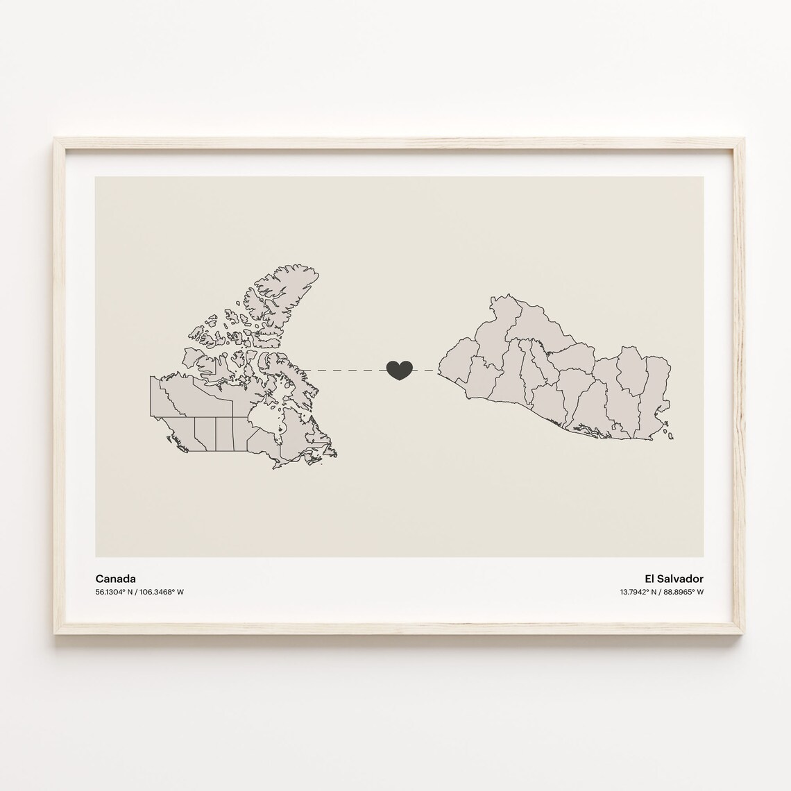 Canada To El Salvador Long Distance Love Minimalist Map Art Poster