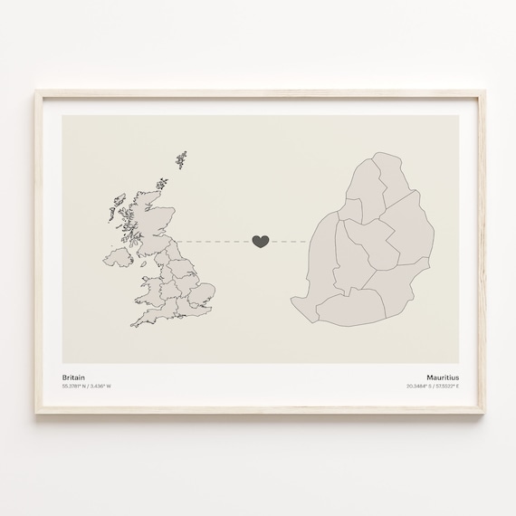Britain To Mauritius Heart Connection Minimalist Beige Map Poster