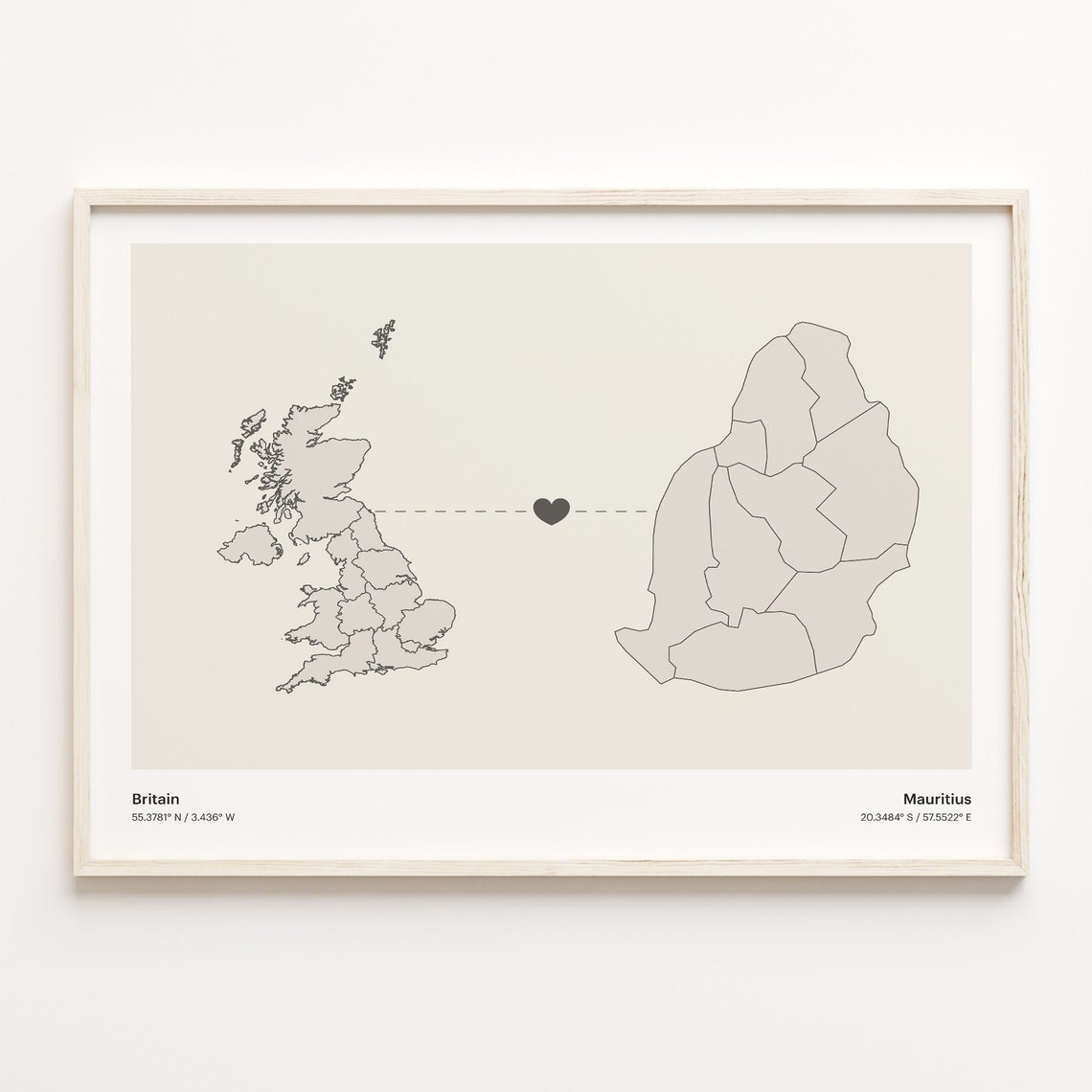 Britain To Mauritius Heart Connection Minimalist Beige Map Poster