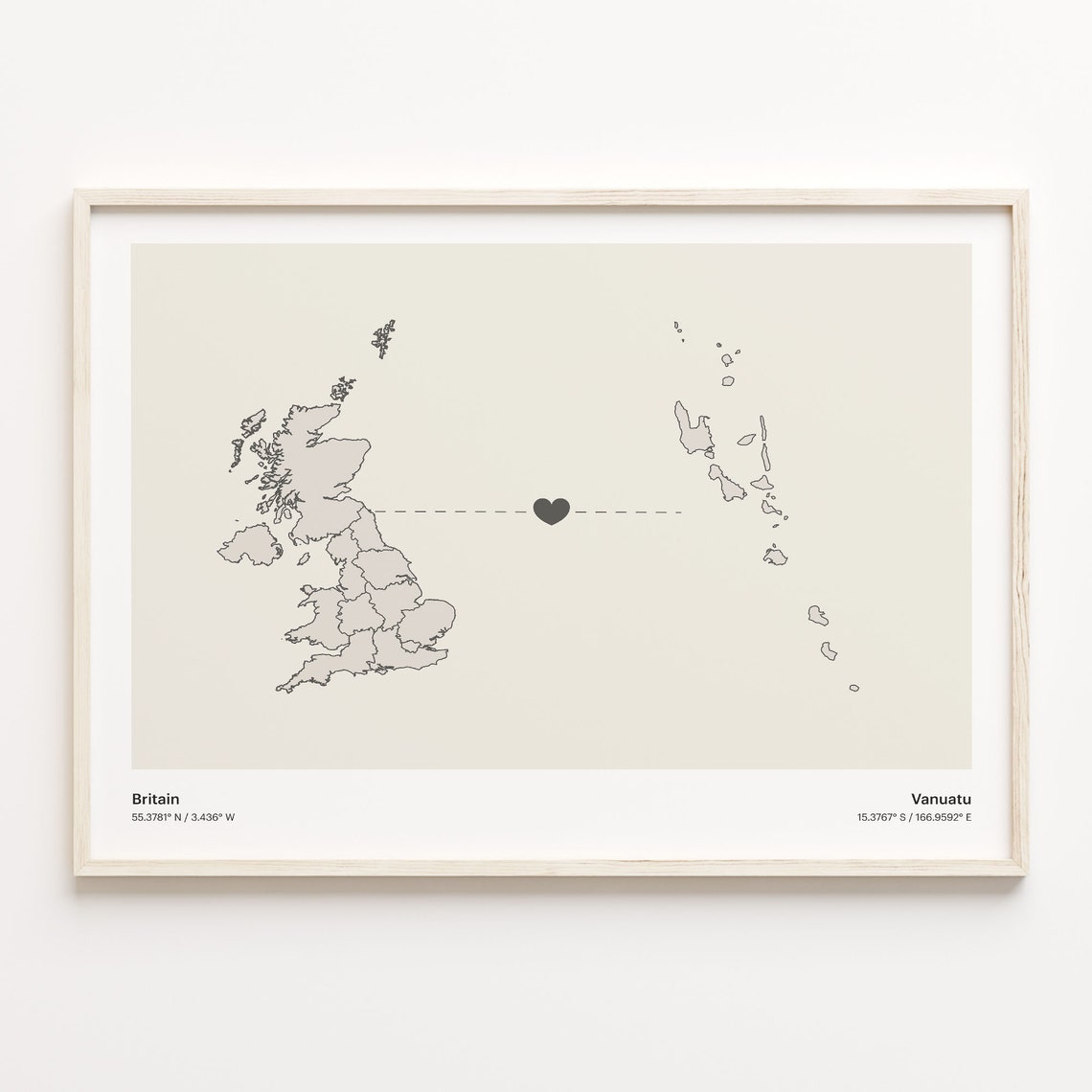 Britain To Vanuatu Heart Connection Minimalist Beige Map Poster