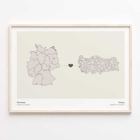 Germany to Turkey Modern Minimalist Map Heart Line Art Poster