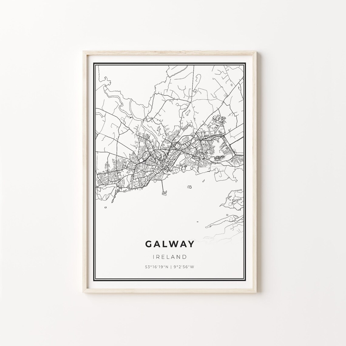 Galway City Map Art Print, Modern Black and White