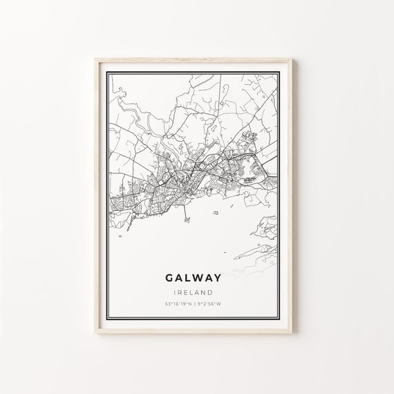 Galway City Map Art Print, Modern Black and White
