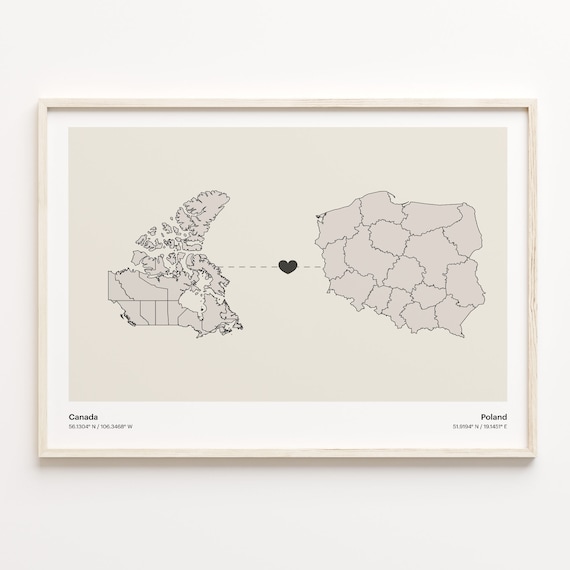 Canada To Poland Heart Connection Minimalist Map Art Print Gift