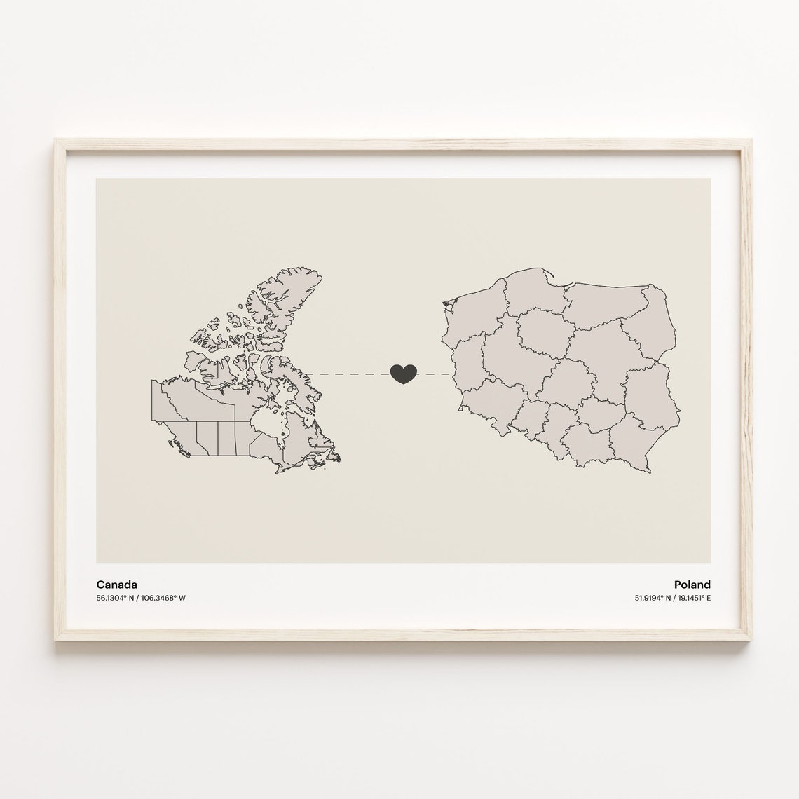 Canada To Poland Heart Connection Minimalist Map Art Print Gift