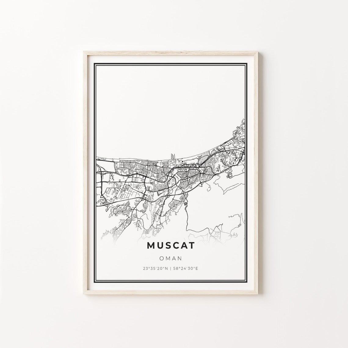 Muscat Oman Modern Black And White Street Map Coordinates Poster