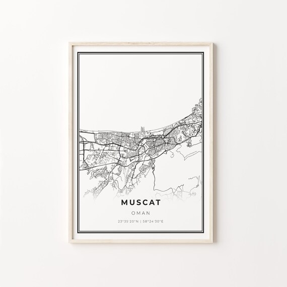 Muscat Oman Modern Black And White Street Map Coordinates Poster