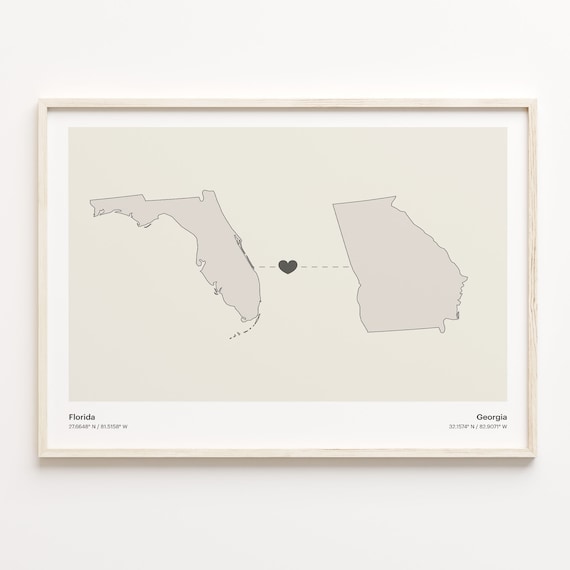 Florida to Georgia Heart Map Long Distance Relationship Poster