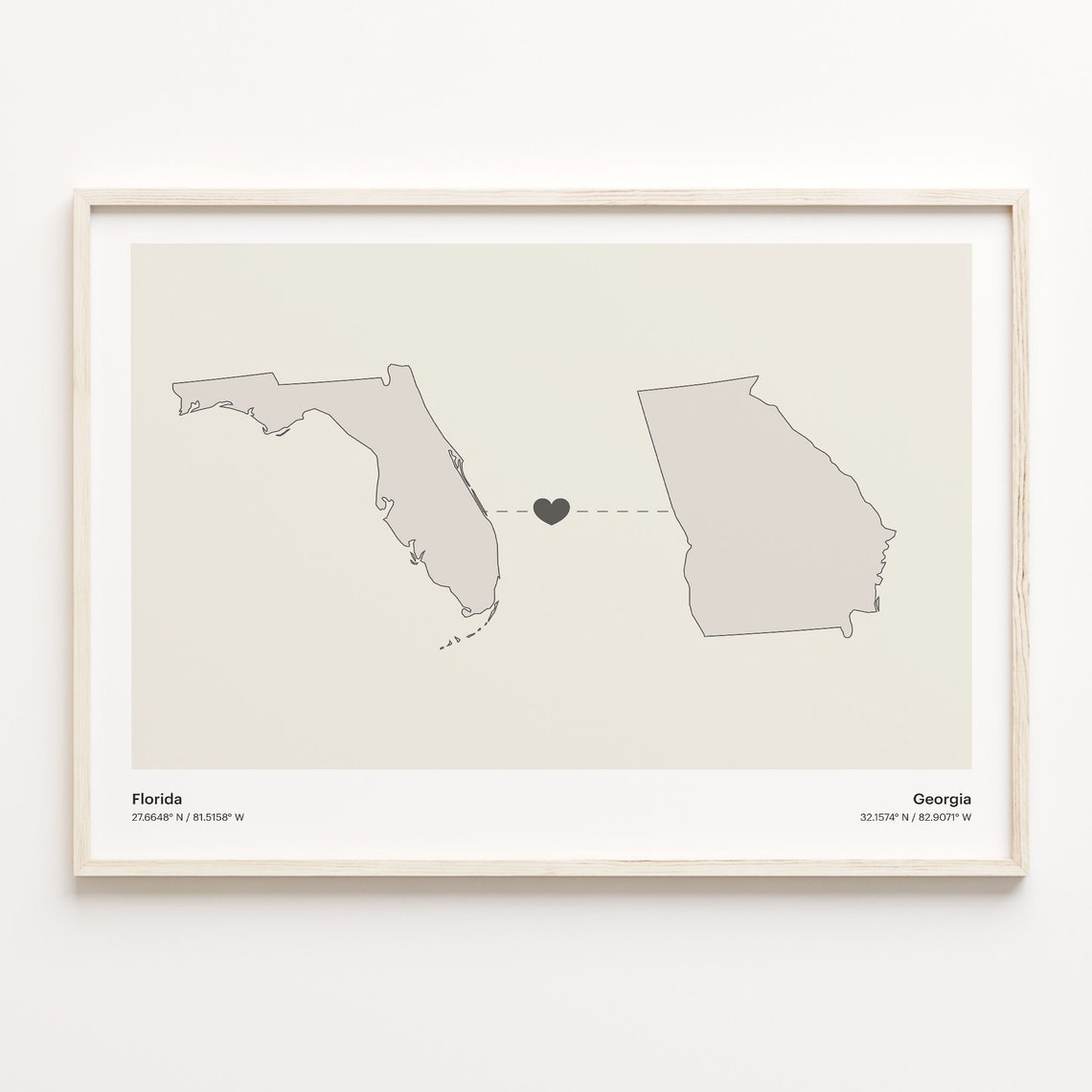 Florida to Georgia Heart Map Long Distance Relationship Poster