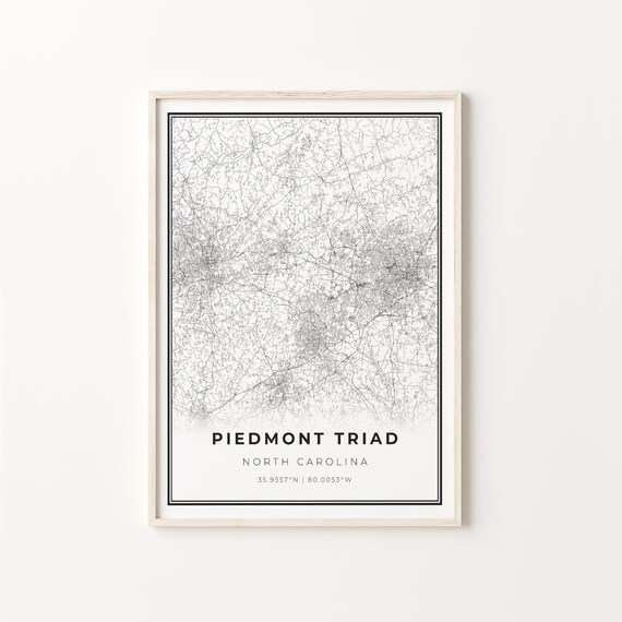 Piedmont Triad North Carolina Region Map Black White Line Art Minimal Poster