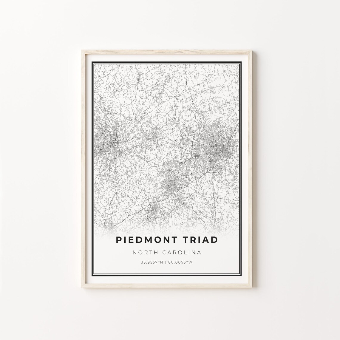 Piedmont Triad North Carolina Region Map Black White Line Art Minimal Poster