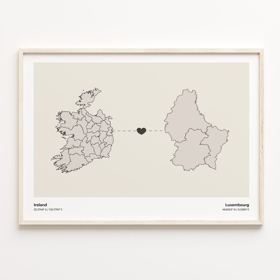 Ireland to Luxembourg Long Distance Heart Map Minimalist Connection Poster