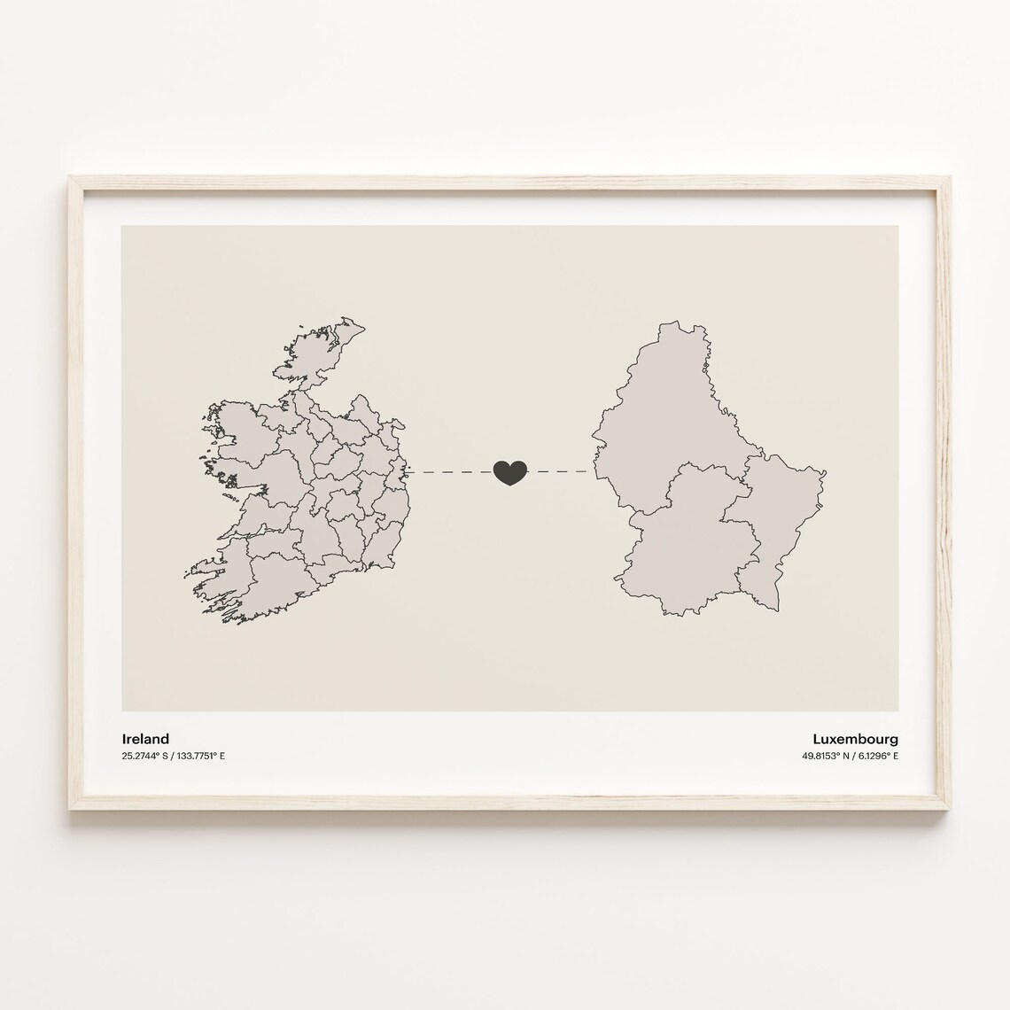 Ireland to Luxembourg Long Distance Heart Map Minimalist Connection Poster