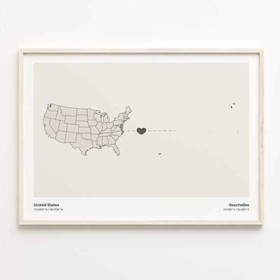 United States to Seychelles Heart Connection Minimal Map Poster