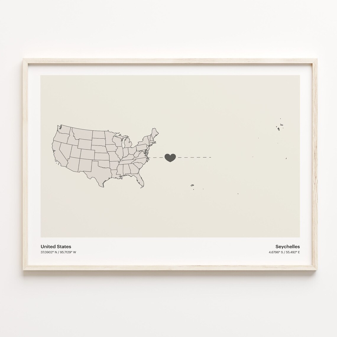 United States to Seychelles Heart Connection Minimal Map Poster