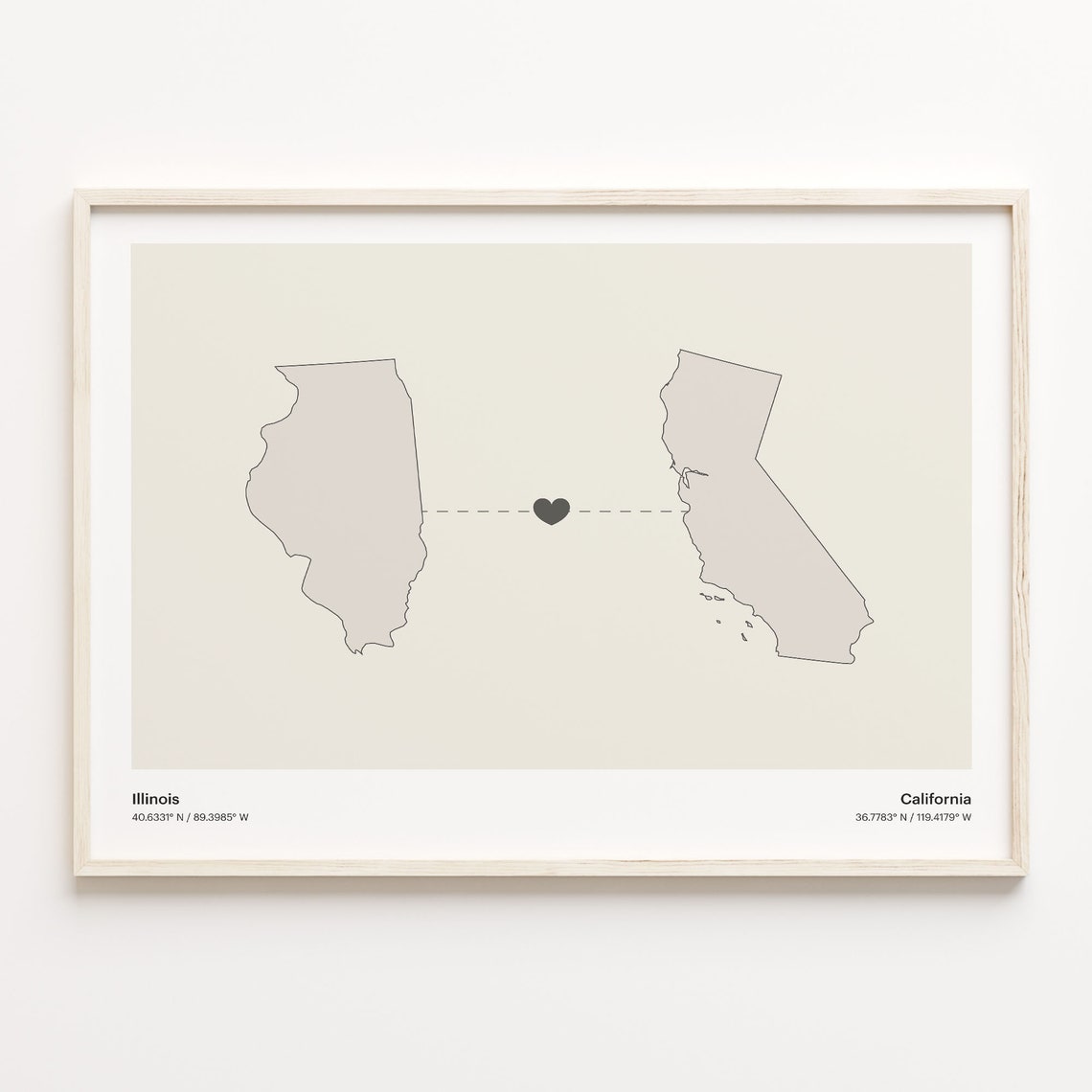 Illinois To California Heart Connection Minimalist Beige Map Poster