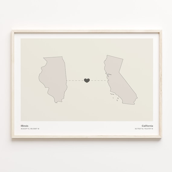 Illinois To California Heart Connection Minimalist Beige Map Poster