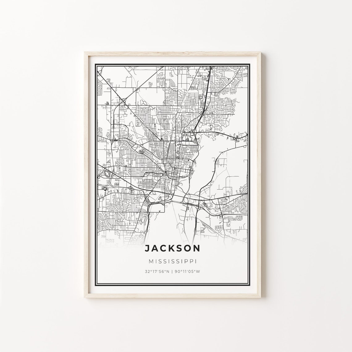 Jackson Mississippi Modern Minimalist Black Line City Map Wall Art