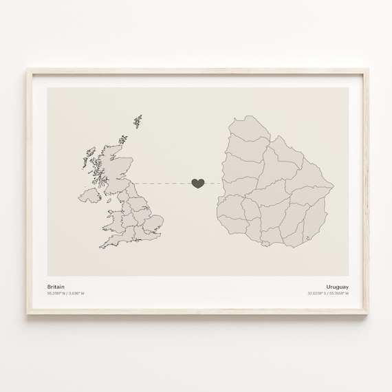 Britain to Uruguay Minimalist Long Distance Heart Map Connection Poster
