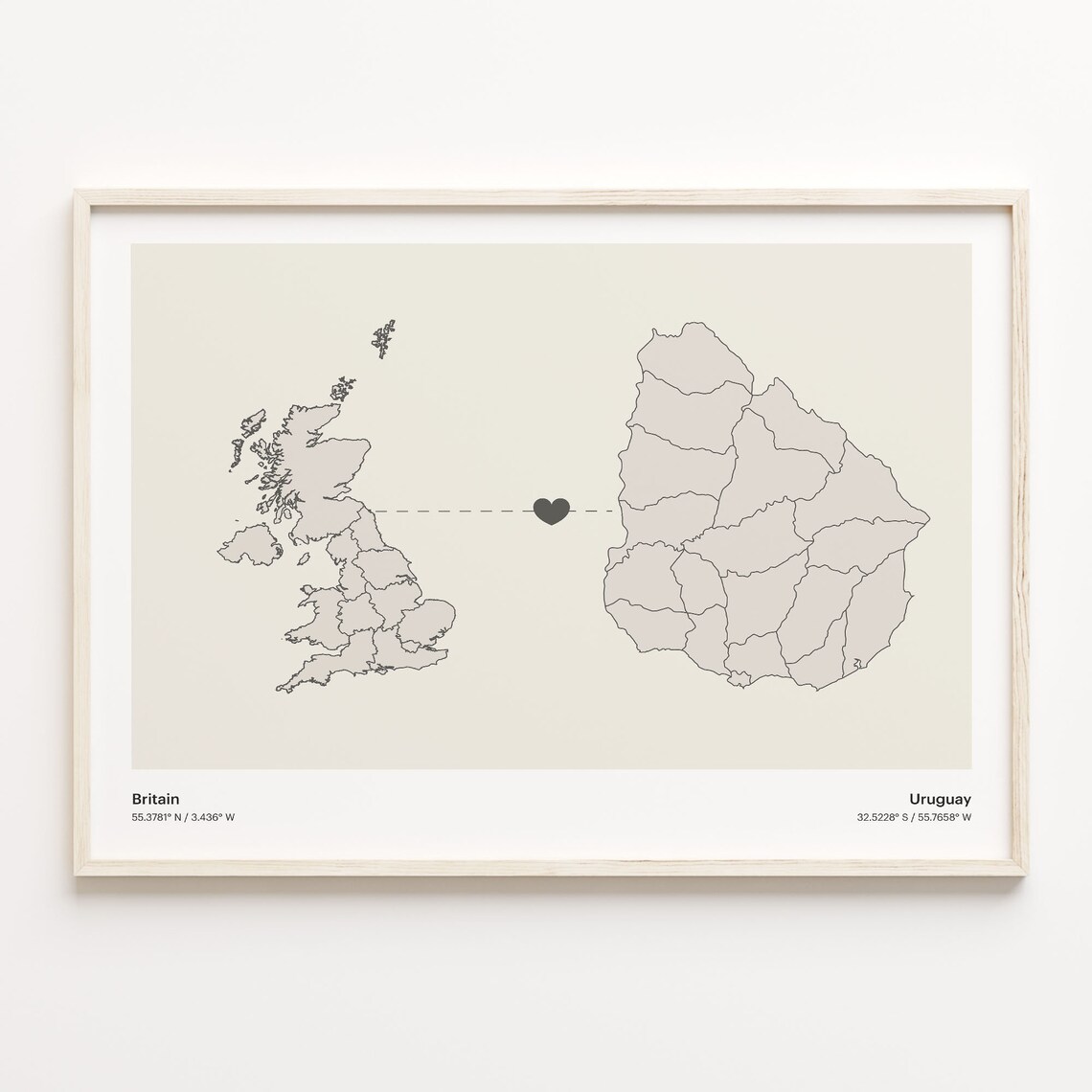 Britain to Uruguay Minimalist Long Distance Heart Map Connection Poster