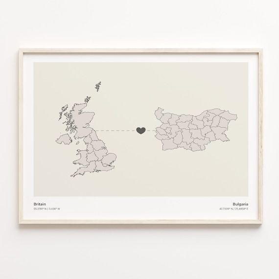 Britain To Bulgaria Minimalist Love Heart Connection Map Poster