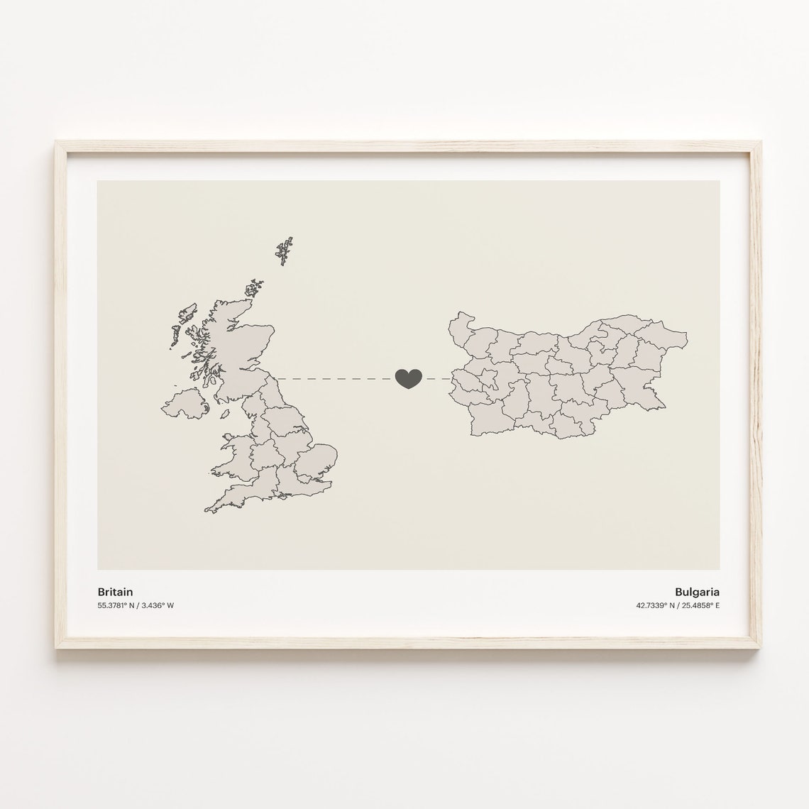 Britain To Bulgaria Minimalist Love Heart Connection Map Poster