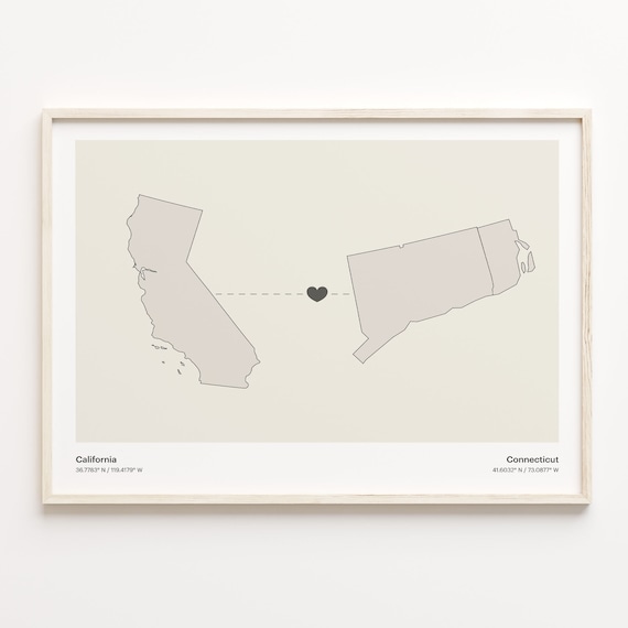 California Connecticut Minimalist Long Distance Heart Map Poster