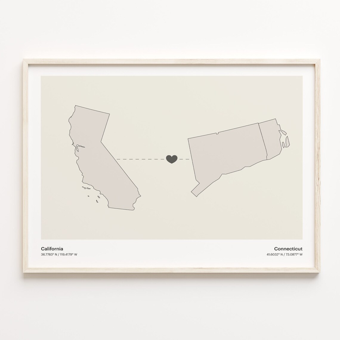 California Connecticut Minimalist Long Distance Heart Map Poster