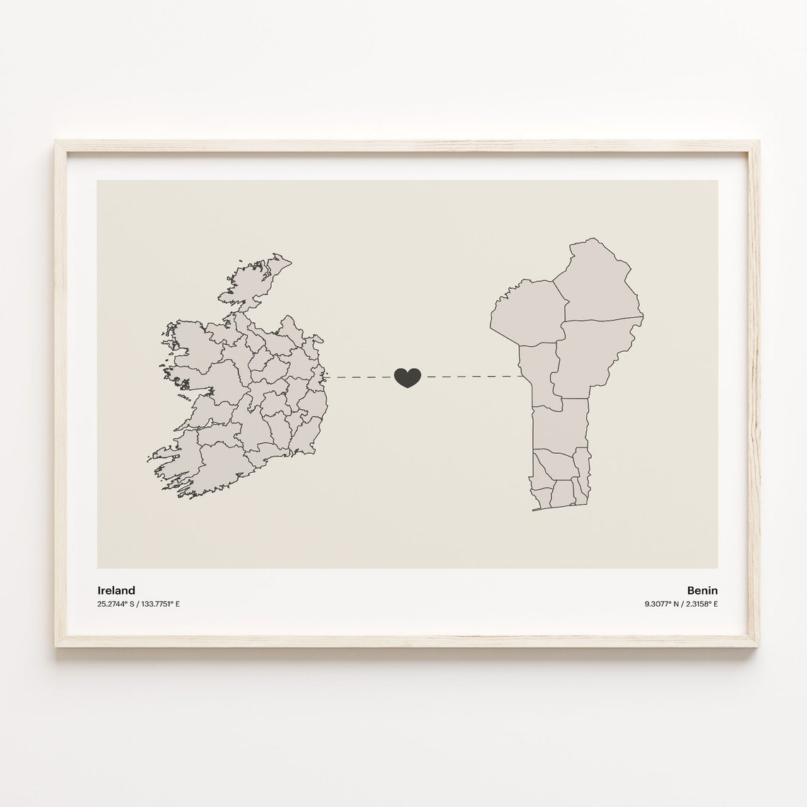 Ireland to Benin Heartfelt Long Distance Connection Map Poster