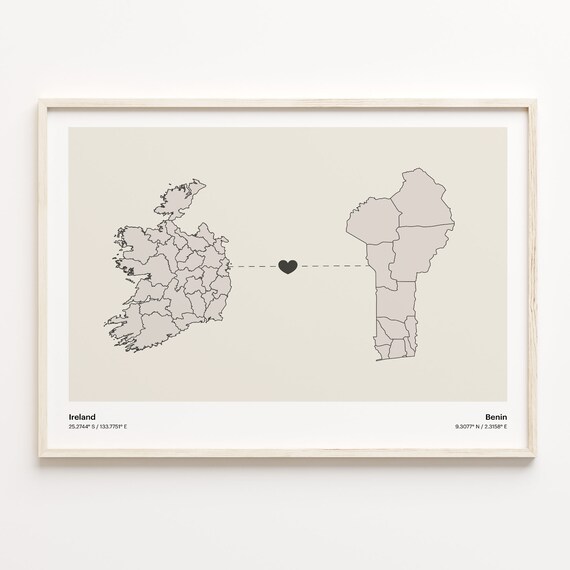 Ireland to Benin Heartfelt Long Distance Connection Map Poster