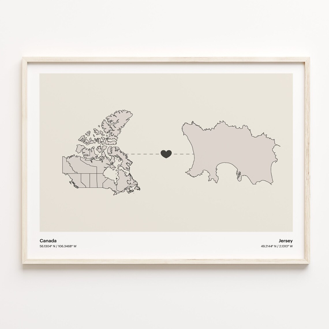 Canada To Jersey Soft Beige Heart Connection Minimalist Map Poster