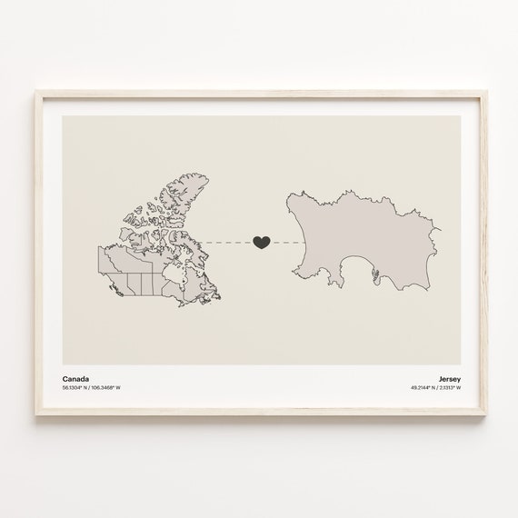 Canada To Jersey Print Japanese Gift Minimalistic Country Connection Map Poster Travel Wall Art Dual Citizenship C21688