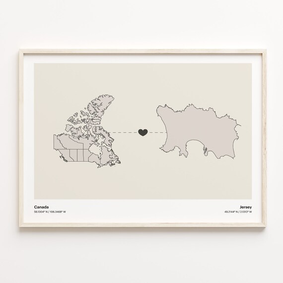 Canada To Jersey Soft Beige Heart Connection Minimalist Map Poster