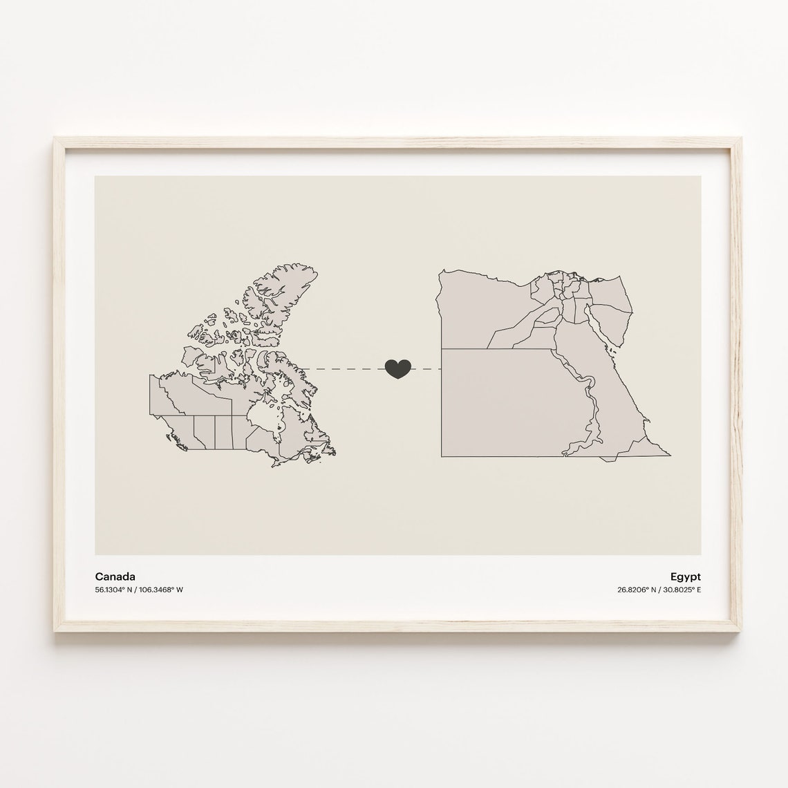 Canada To Egypt Heart Connection Minimalist Map Art Print Gift