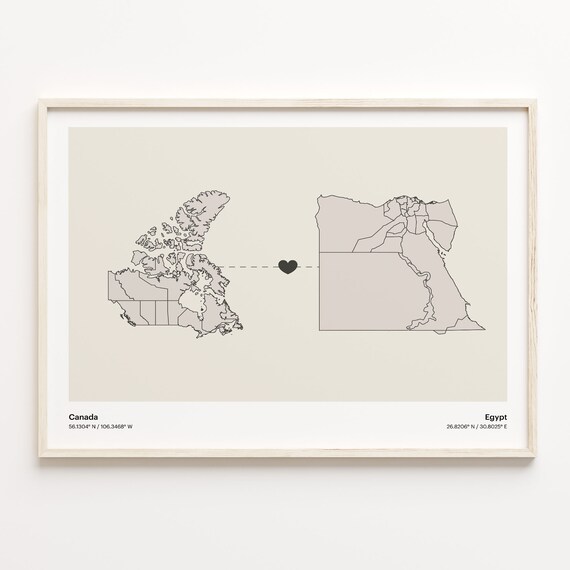 Canada To Egypt Heart Connection Minimalist Map Art Print Gift