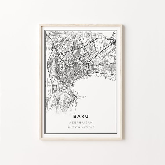 Baku City Map Art Print, Modern Black and White