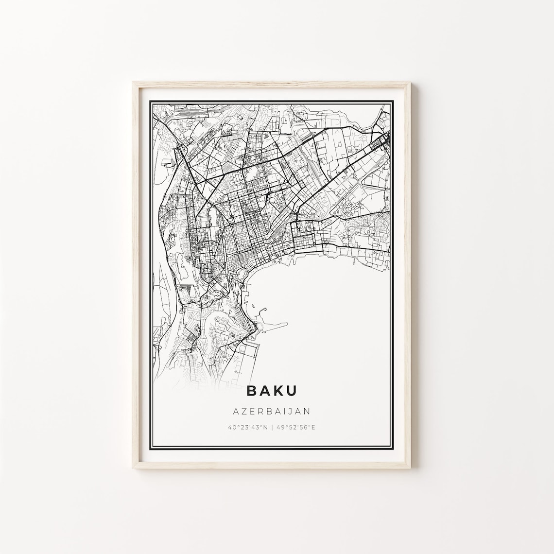 Baku City Map Art Print, Modern Black and White